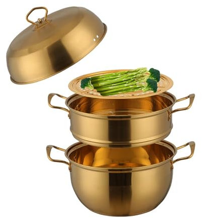 Pentola For Cottura A Vapore In Acciaio Inox Con Cestello, Pentola For Cottura A Vapore Con Coperchio, Vaporiera Multiuso A 3 Livelli For Verdure, Gnocchi E Pasta For Induzione, Gas(Golden)