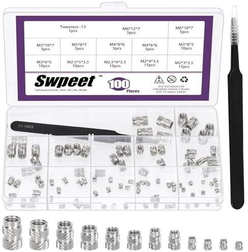 Swpeet 101Pcs 12 Tailles M2 M2.5 M3 M4 M5 M6 Kit d'assortiment d'insertion filetée plaquée nickel, écrous filetés féminins, insertion de jeu de chaleur pour injection soudée d'impression 3D