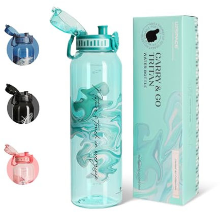 UZSPACE Botella Agua Deportiva, 1 Litro Botella Agua Gimnasio sin BPA, A Prueba de Fugas, Apertura de un Clic, Cantimplora de Plástico con Asa para Bicicleta, Colegio, Running (Verde Azulado-Arte)