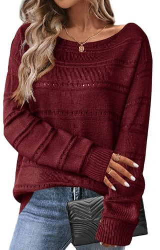 HOTOUCH Maglioni da donna UK a maniche lunghe autunno inverno maglione morbido traforato pullover top lungo fuori dalla spalla maglione lavorato a maglia, Rosso vinaccia, XL