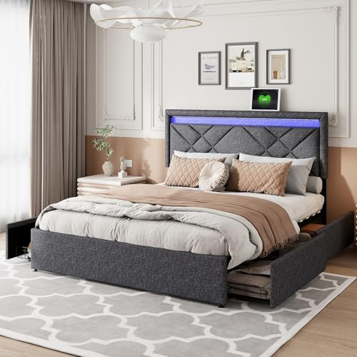 Bett mit stauraum,Jugendbett,140x200,Doppelbett mit Einstellbares LED,Schubladenbett,Polsterbett Bettrahmen mit 4 Schubladen,USB Ladefunktion,Kopfteil höhenverstellbar,Leinen,Dunkelgrau (140x200cm)