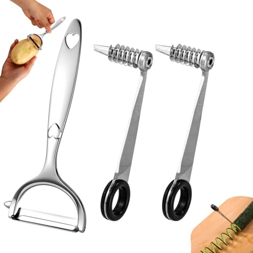 Lyreh 2pcs Vegetable Spiral Cutters & 1pcs V-Shaped Veggies Peeler Spiralizer Tool, Stainless Steel Manual Spiral Practical Kitchen Knife Set Accessories for Cucumber Potato Carrot Fruits (Silver)