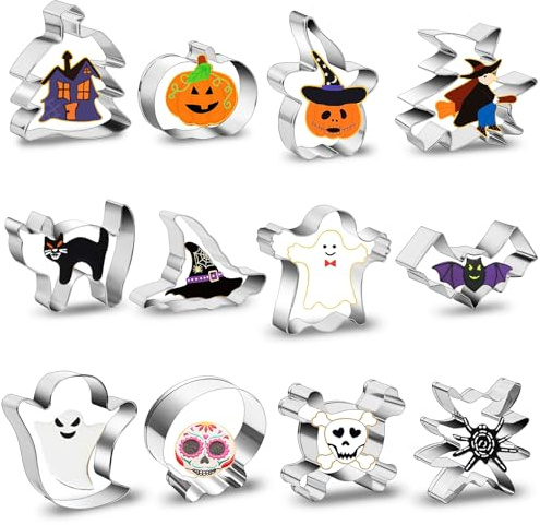 12-teiliges Halloween Ausstechformen Set - Aus Edelstahl mit Motiven wie Kürbis, Fledermaus, Geist & Hexenhut | Ideal zum Backen, für Kindergeburtstage & Familienfeiern