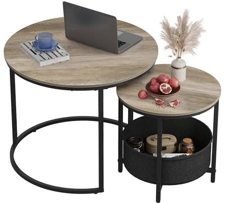 WLIVE Couchtisch Rund 2er Set, Kleiner Beistelltisch mit Stoffkorb, Satztische Wohnzimmertisch mit Metallrahmen, Kaffeetisch mit Stauraum, Graue Eiche