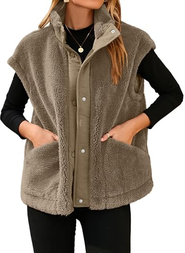 Glamaker Womens Fuzzy Fleece Vest Casual Loose Sherpa Vest Faux Fur Button Down Sleeveless Jacket Coat Outerwear Coffee XL