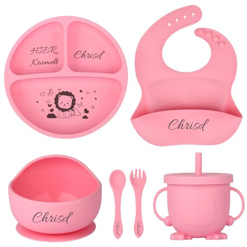 OXYEFEI Personalisierter Silikon Baby Teller mit Saugnapf & Namen | Baby Geschirrset mit Lustigen Tiermotiven Kinder Geschirrset Personalisierte Geschenk Taufe Mädchen,Junge (Rosa)
