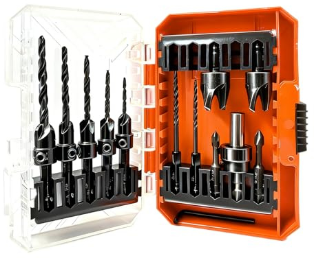 RONGDA 15-Piece Countersink Drill Bit Set, Adjustable Tapered Counter Sink Drill Bits with 2PC Wood Plug Cutters, Magnetic Extension Bit Holder, 1/4 Hex Shank for Woodworking with Storage Case