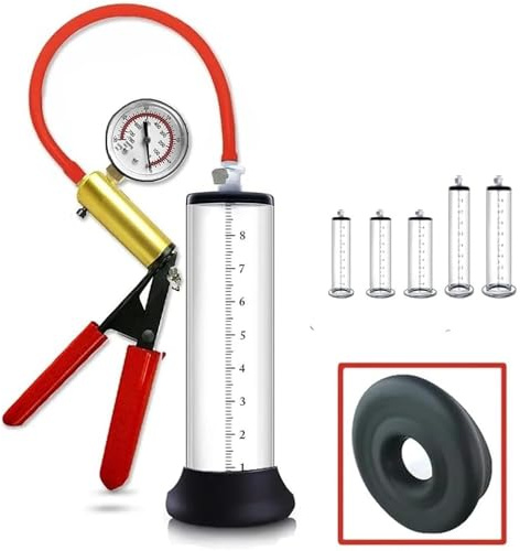 Bomba de pene con manómetro de vacío y mango rojo, bomba manual de pene for hombres, alargamiento de pene, 12 tamaños.(12 * 2.5in/30.5 * 6.35cm)