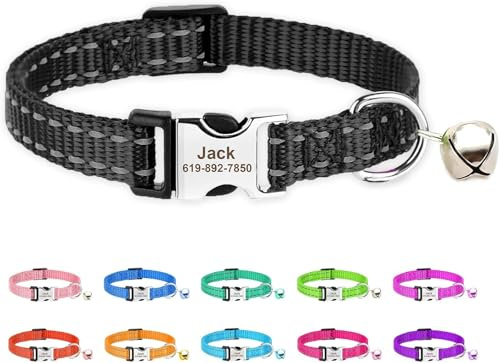 Personalisierter Nylon‑Katzenhalsband, gravierte Schnalle, Schwarz | Gravierter Name & Telefon;reflektierende Nähte,verstellbares Nylon‑Halsband mit Glocke,für Katzen & Kätzchen,7,5‑12,0 Zoll