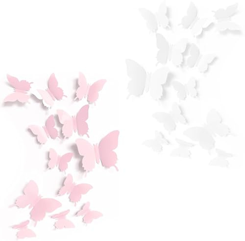 Lilalemon 24pcs Cute Pink White Butterfly Wall Decor,Girls Baby Toddler Room Wall Decals Decor,Danish Pastel Aesthetic Butterflies Stickers for Nursery Decorations