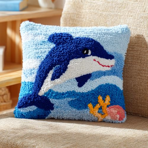 Henypt Knüpfkissen Set, Delfin Knüpfkissen Set für Anfänger zum Selber Knüpfen,Knüpfset Kissen DIY Knüpfteppich Knüpfpackung,43x43cm