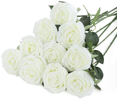 DuHouse 10 Stück Künstliche Rosen, künstliche Seidenblumen, Lange Stiele, Blumenstrauß für Arrangement, Hochzeit, Tafelaufsatz, Party, Zuhause, Küche, Dekoration (Weiß)