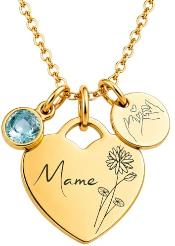BS Schmuckdesign Personalisierte Kette Damen mit Gravur – Herzkette | mit Namen & Monatsblume, individuelle Wunschgravur hinten, persönliches Geschenk für Frauen