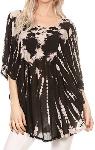 Sakkas 17031 - Sunia Abbindebatik Kaftan-Hülsen-Bluse | Cover Up - Schwarz - OS