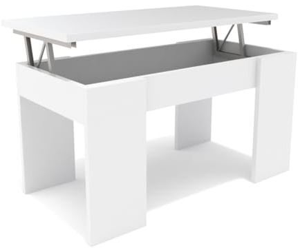 DORMIDAN- Mesa de Centro elevable, Comedor o Auxiliar, Mayor Grosor y Estabilidad (Blanco/Blanco)