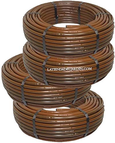 400 m di tubo per irrigazione a goccia marrone da 16 mm con gocciolatori integrati ogni 35 cm. Spessore di 1 mm. Portata di 2,5 l/h. Tubo in polietilene agricolo AENOR prodotto in Spagna.