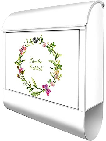 banjado Design Briefkasten personalisiert 38,5x46,5x13cm & 2 Schlüssel - Briefkasten Stahl Weiß Zeitungsfach pulverbeschichtet - Postkasten A4 Einwurf inkl. Montagematerial - Motiv Aquarell Blumenring