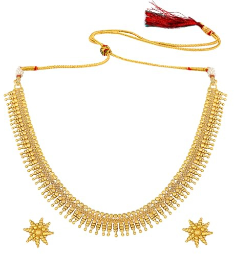 Aheli Bollywood Traditional Gold Tone Short Necklace Earrings Jewelry Set Gift for Women Wedding Party Ethnic Fashion Wear