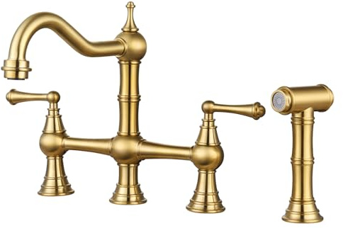 WOWOW Brass Kitchen Faucet Bridge with Side Sprayer, 4 Hole Kitchen Faucet 2 Handle 8 Inch Centerset Gold Faucet for Kitchen Sinks, Heritage Brushed Gold Kitchen Sink Faucet