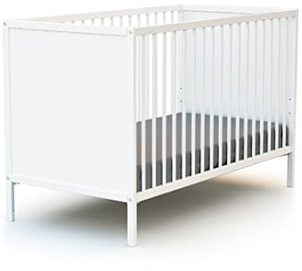 WEBABY - Babybett holz 60x120 Weiß ALBA| 124 x 64,5 x 82 cm | Holzbett 100% massive Buche | Verstellbarer Lattenrost in 3 Höhen