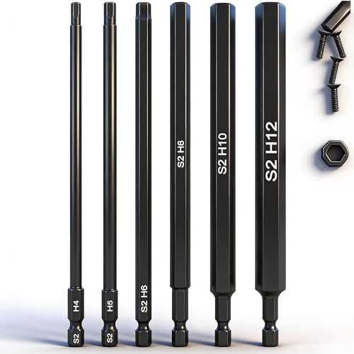 K Kwokker 150mm Hex Head Allen Wrench Drill Bits, 6PCS 4MM-12MM Long Hex Wrench Magnetic Screwdrivers Allen Key Bit Set for Assembling Furniture