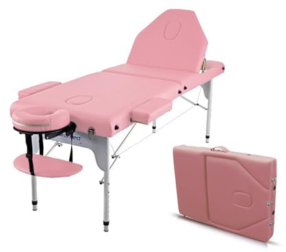 QUIRUMED Elite Klappmassagetisch aus Aluminium, 186 x 66 cm, rosa Farbe, Massagetisch, Kunstleder, hochdichte Polsterung, leicht, höhenverstellbar