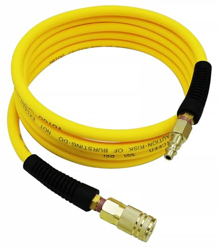 YOTOO Hybrid Lead-In Air Hose 1/4-Inch by 10-Feet 300 PSI Heavy Duty, Lightweight, Kink Resistant, All-Weather Flexibility with 1/4-Inch Industrial Air Fittings and Bend Restrictors, Yellow