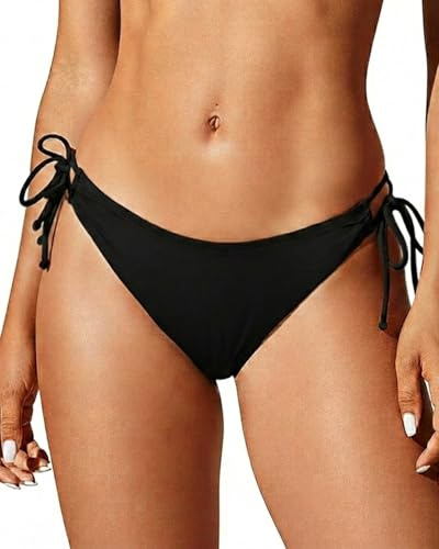 Zmart Women String Tie Side Bikini Bottoms Moderate Coverage Swimsuit Bottom Low Waist Low Rise Bathing Suit BK M Black