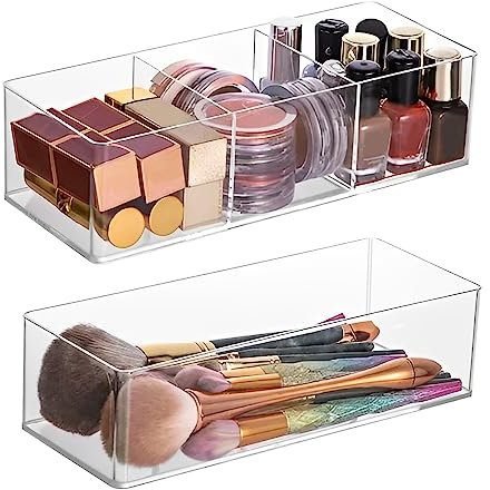 KARBAG Set of 2 Cosmetic Drawer Organiser, 3-Compartment & 1-Compartment Acrylic Makeup Organizer Stackable Organiser Makeup Vanity Organizer Trays Storage for Eyeshadow, Lipstick