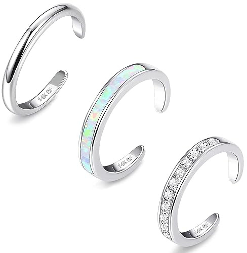 Diamday 3PCS Oro 14K Riempito Piede Dita Anelli per Donna Regolabile Aperto Set Carino Opale CZ Fiore Minimalista Fascia Gioielli Argento