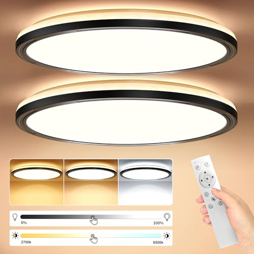 Led taklampa 24W 2642LM med fjärrkontroll och bakgrundsbelysning, dimbar LED taklampa 3000-6500K, taklampas inomhus för sovrum kök hall balkong vardagsrum, svart 2 st