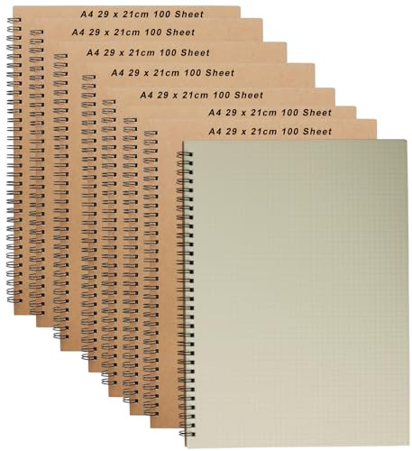ZOENHOU 8 Pack A4 Grid Notebook, Kraft Cover Graph Paper A4 Pad 5mm Square Pages, 200 Pages/100 Sheets Spiral Bound Grid Notebook, Squared Wirebound Journal Bulk, 8.2 x 11.4 Inch