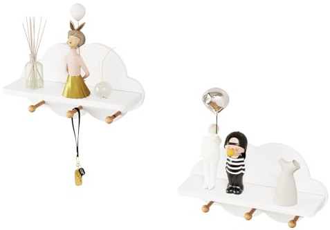WOLTU Wolkenregal 2er Set Wandregal Weiß | Kinderzimmer; Kinder; 36x12x20,5 cm; Garderobenhaken