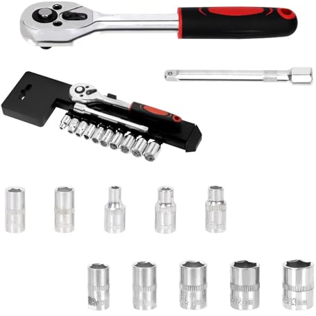 Yauhar 12Pcs 1/2” Ratchet Socket Wrench Set, 10-24 mm Metric Sockets with 2 Way Quick Release Reversible Ratchet Wrench and Extension Bar