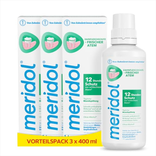 meridol Mundspülung Zahnfleischschutz & Frischer Atem 400ml - antibakterieller Effekt für gesunde Zähne & Zahnfleisch, 12h frischer Atem, ohne Alkohol (Packung mit 3)