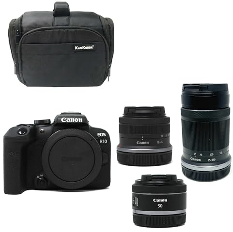 KamKorda Camera Bag + R10 Mirrorless Camera + RF-S 18-45mm + RF-S 55-210mm + RF 50mm STM lenses, 24.2MP APS-C CMOS Sensor, 4K Video + 2 Year Warranty