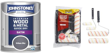 Johnstone's 307076 One Coat Satin Urban Sky, 750 ml & Fit For The Job FRRT003 7 piece Emulsion Paint Roller Set, 2x 9 inch & 2x Mini Paint Rollers