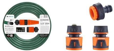 Cellfast Gartenschlauch Vert 1/2 20m & GRIFEMA GE1103 Kit de Raccordement Robinet/Tuyau de Jardin Avec Connecteur Waterstop, Connexion Rapide