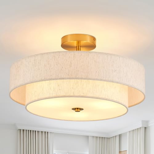 Widluth Modern Semi Flush Mount Ceiling Light 18 Modern Gold 3-Lights Drum Ceiling Lighting Fixture Vintage Linen Golden Ceiling Lamp for Laundry Room, Kitchen, Basement, Dining Room, Bedroom