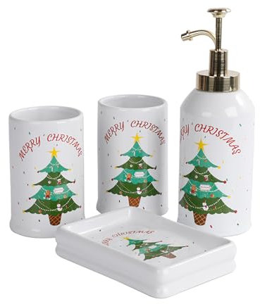 Santentre Set Accessori Bagno Completo Natalizi 4 Pezzi - Dispenser di Sapone, Porta Spazzolino, Bicchiere, Porta Sapone, Ceramica, Decorazione Accessori Bagno, Albero di Natale
