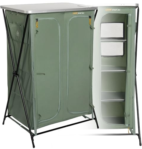 KADVA Camping Schrank CAMPShelf 24 Maße 66,5x90x139 cm Campingschrank aus strapazierfähigem Material Leichte und stabile Konstruktion Einfach aufzubauen und zu transportieren Farbe Grün