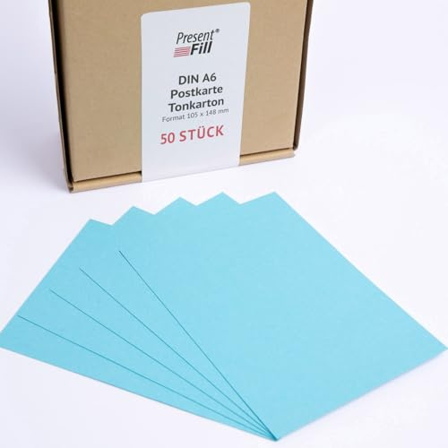 PresentFill® - blanko Postkarten Tonkarton Azur Blau, Papier-Karten Set 50 Stück 210 g/m² -DIN A6-105 x 148 mm zum Selbstgestalten, beschriften oder bedrucken als Bastelkarton, Karteikarten