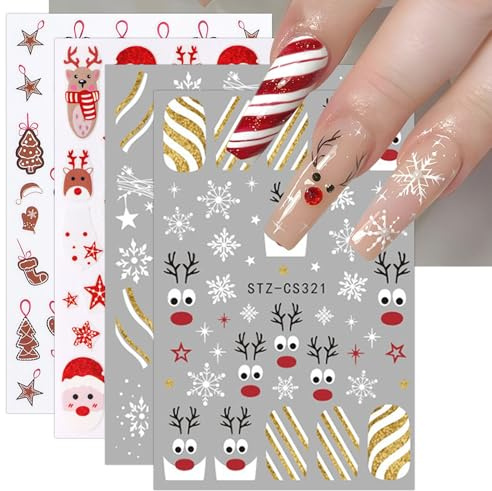JMEOWIO Nagelsticker Weihnachten 10 Blatt Nail Art Sticker Selbstklebend Nagelaufkleber Schneeflocke Winter Urlaub Süß Dekoration Nageldesign Zubehör