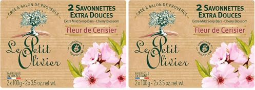 LE PETIT OLIVIER - 2 Savonnettes Extra Douces - Fleur De Cerisier - Parfum De La Région De Grasse - Nettoient La Peau En Douceur - Fabriqué en France - 2x100g (Lot de 2)