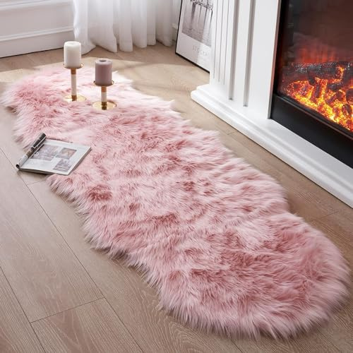 JXLOULAN Faux Lammfell Schaffell Teppich Rosa 80x180 cm, Flauschiger Teppich Wohnzimmer Deko Longhair Weicher Fell Carpet für Stühle Sofa Schlafzimmer Kinderzimmer