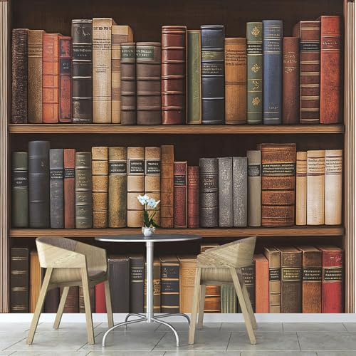 Murales Papel Pintado Salon Estantería Retro, 300×210 cm Fotomurales 3D Estudiar Tejido seda Papel Tapiz Fotográfico Decorativos Murales Dormitorio Oficina Hotel