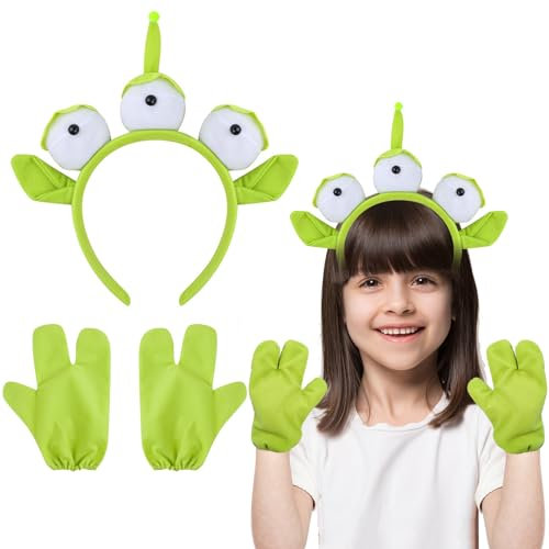 Hifot Grün Alien Haarreif Kinder Damen Plüsch Dreiäugiges Stirnband mit Grüne Handschuhe Alien Kostüm Accessoires Halloween Haarreif Mädchen Fasching Karneval Erwachsene Cosplay Accessoires