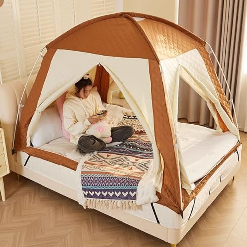 Bed Tent Queensize-Bettzelt mit Sichtschutz, 3-türige Baldachin-Bettvorhänge für Mädchen, Jungen, Autistische Kinder und Erwachsene, Atmungsaktives Schlafzelt in Voller Größe, 1,2 M - 2 M(Brown,1.2m(3