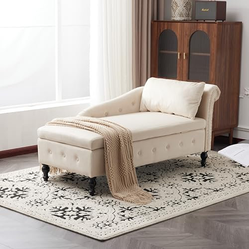 Chaiselongue-Sofa aus Samt mit Stauraum, gepolsterte Chaiselongue-Couch mit Kissen für das Wohnzimmer, moderner Loungesessel mit Nagelkopfbesatz und Knopfheftung, Schlafzimmer und Büro (Beige)