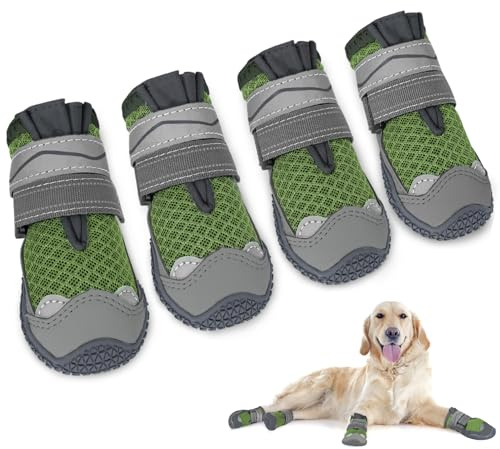 SlowTon Hundeschuhe Pfotenschutz, 4 Stück atmungsaktive Hunde Schuhe Outdoor mit Rutschfester Sohle, verstellbarem reflektierendem Klettverschluss Hundestiefel für kleine, mittlere und große Hunde